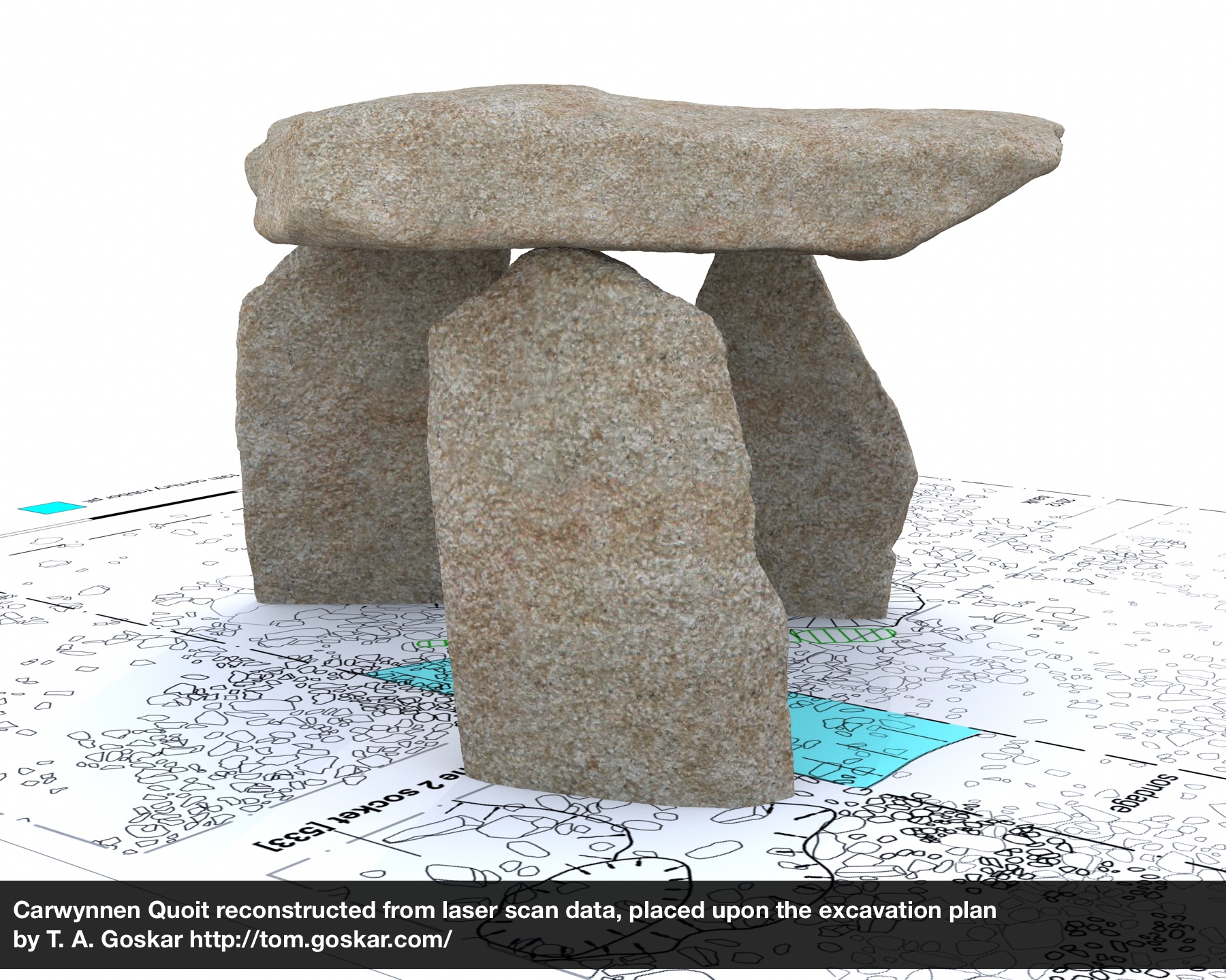 Carwynnen Quoit reconstructed from laser scan data, placed upon the excavation plan