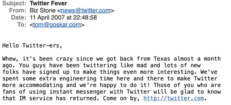 Excerpt from a Twitter email from 2007