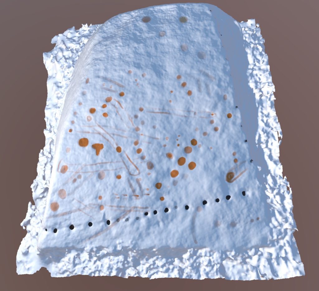 Rough 3D sketch onto an untextured 3D model of the boulder. A line of black dots marks the modern drill holes and marks in orange mark the potential archaeological markings.