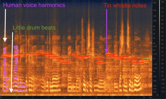 Annotated spectrogram of the attached audio recording. Along the X axis is time. Along the Y axis is frequency. Vertical lines change colour according the the loudness of particular frequencies. Many thousands of vertical lines are combined, so clear sounds appear as horizontal lines traced out in colours. The notes played by a whistle can be clearly seen as 'hot' horizontal lines. Wavy lines represent the harmonics of the voice of the interviewee. These lines have been highlighted in three colours.