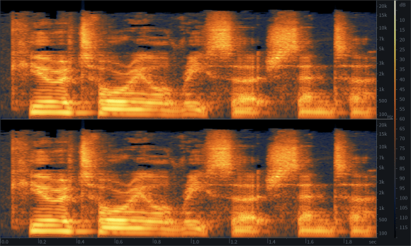 A spectrogram of the author saying the words "Curatorial Research Centre". Along the X axis is time. Along the Y axis is frequency. Vertical lines change colour according the the loudness of particular frequencies. Many thousands of vertical lines are combined, so clear sounds appear as horizontal lines traced out in colours.