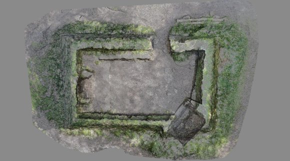 This image of Madron Baptistry is made from 2 million individual points, or dots, and can be seen through, as there is no computer generated surface. The outline of the walls is clear, as well as the position of the altar and font.