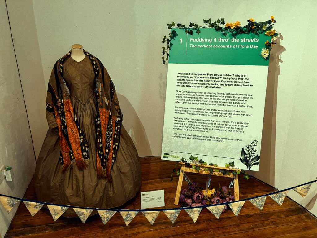 The exhibition welcome panel  and an historical dress display in the museum. A brown, full-length mid-Victorian gown with a scarf with black and red floral patterns draped over the shoulders stands prominently in the room. It is exhibited in front of a wall with a green informational banner titled "Faddying it thro' the streets," which offers historical context about Flora Day, an ancient festival. The wall is adorned with yellow floral decorations. The exhibit is sectioned off by a string of triangular, patterned bunting.