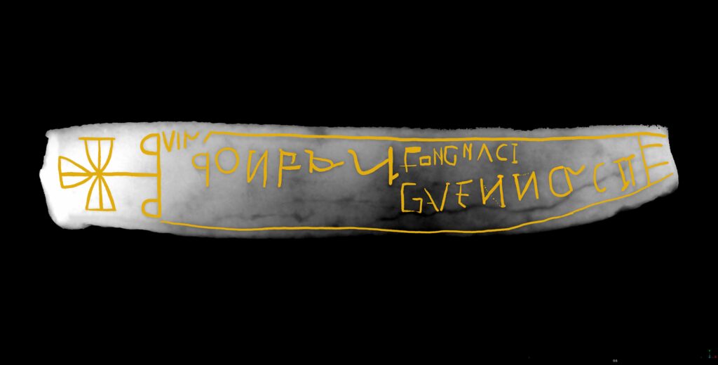 Annotated computer enhancement of the early medieval memorial inside Madron church.