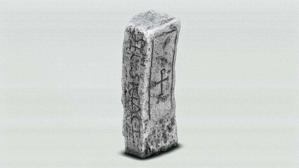 Isolated computer-generated view of an early medieval carved stone pillar against a plain background, showing a vertical inscription on one face and a tau-rho symbol within a rectangular panel on the adjoining face.