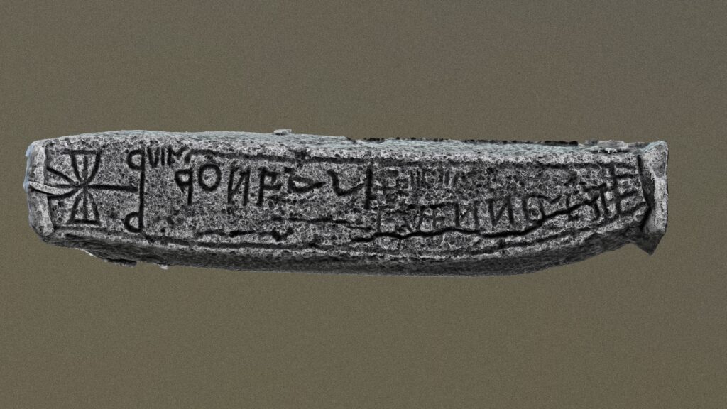 Computer enhancement of the early medieval memorial inside Madron church.